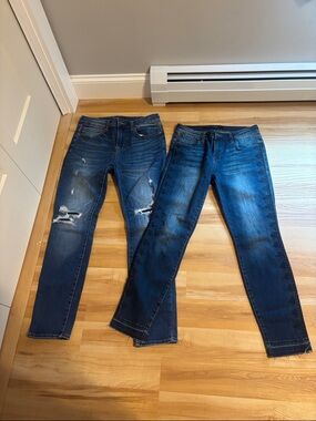 Dark Wash Skinny Jeans Pair - Distressed & Embroidered Side